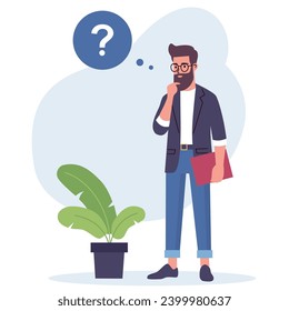 Flat vector illustration. Man standing in a pensive pose. The concept of searching for the solution of the problem 