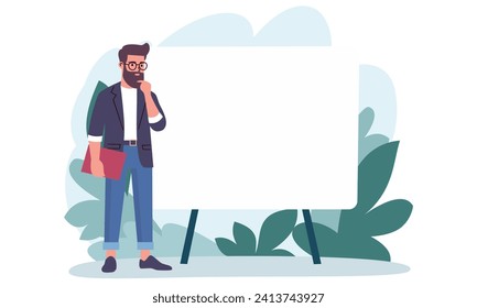 Flat vector illustration. Man standing next to banner and thinking, question mark. Concept of problem solving. Place for your text on the banner 
