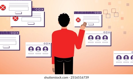 Flat vector illustration of a man standing near a computer monitor with an opened web page. The businessman is presenting the web page on display, likely showing a business report during a meeting. Th