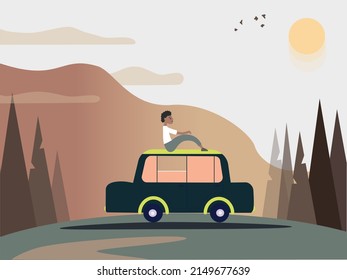 Flat vector illustration. The man stopped to admire the sunset. He got into his car to get a better look at him. It is surrounded by mountains and spruces. Clouds float in the sky and birds fly.