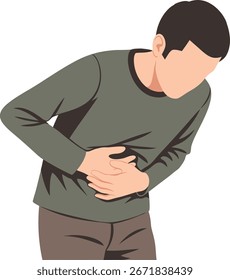 Ilustración vectorial plana de un hombre que sufre de dolor de estómago o dolor abdominal con las manos sosteniendo el estómago