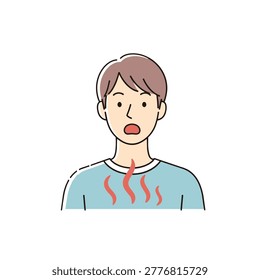 A flat vector illustration of a man with a surprised expression clutching his chest area which shows red wavy lines representing burning sensation or heartburn.