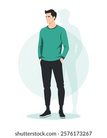 Flat vector illustration of a man in a turquoise sweatshirt and black pants. The faceless figure stands in a relaxed pose with a clean, minimalist design.