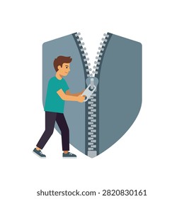 Flat vector illustration of a man unzipping a large blue shield to represent access, security breach, or vulnerability.