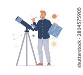 A flat vector illustration of a man using a telescope to study the night sky while holding a celestial map