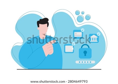 Flat vector illustration of a man using secure online banking with password protection, digital wallet, bank verification and cybersecurity icons representing safe financial transactions.