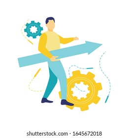 Flat vector illustration, a man walking carrying signs arrow to victory. Walk with confidence and relax. Men who are trying.