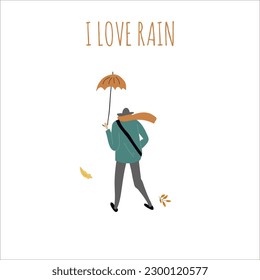 Flat vector illustration of a man walking in the rain and holding an umbrella. Hello autumn, cozy autumn, hand drawing, I love fall.