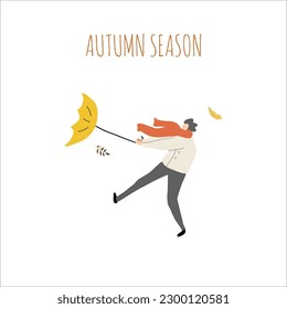Flache Vektorgrafik eines Mannes, der im Regen spaziert und einen Regenschirm hält. Hallo Herbst, gemütlicher Herbst, Handzeichnung, ich liebe Herbst.