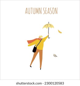 Flat vector illustration of a man walking in the rain and holding an umbrella. Hello autumn, cozy autumn, hand drawing, I love fall.