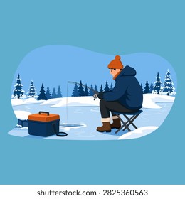 Flat vector illustration of a man in a warm blue parka, orange beanie and boots sitting on a folding stool, ice fishing on a frozen lake. A tackle box sits beside him, with snow-covered pine trees in the background. Isolated on a blue background with copy space — perfect for winter outdoor and fishing themes.