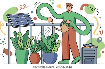 Una Ilustración vectorial plana de un hombre regando plantas en macetas en un balcón, con un Pequeño panel solar y un contenedor de compost, que simboliza la vida sostenible y las prácticas ecológicas