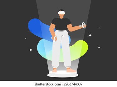Flat vector illustration with man wearing virtual reality glasses, interacting and creating a virtual world. Concept of future innovations.