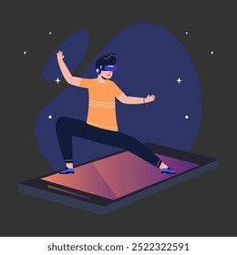 Ilustración vectorial plana de un hombre con gafas de realidad virtual, inmerso en un dinámico mundo virtual. Concepto de tecnología futurista y experiencias interactivas.