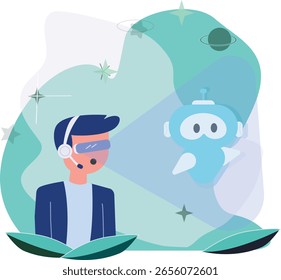 Flat vector illustration of a man wearing virtual reality headset and talking with an AI robot assistant in a futuristic space environment. Perfect for technology, artificial intelligence, metaverse.