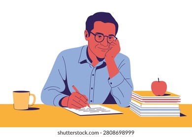 A flat vector illustration of a man wearing glasses, sitting at a desk, writing on a paper with a pen, next to a stack of books, an apple, and a mug.