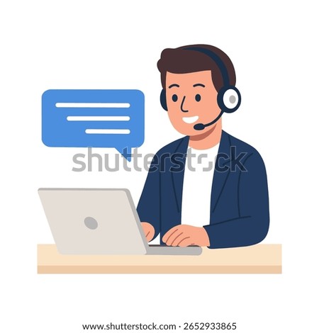 A flat vector illustration of a man wearing a headset and working on a laptop, a speech bubble floats next to him. Suitable for customer service, support, or online communication concepts.