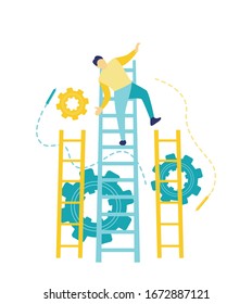 Flat vector illustration, a man who was fired and fell from the career ladder. The concept of failure of a young business man in blue and yellow.