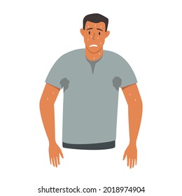 A flat vector illustration of a man who is sweating. Excessive sweating. Isolated design on a white background.