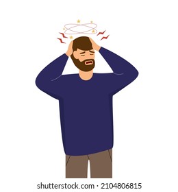 A flat vector illustration of an man who is dizzy. Dizziness and severe headache. Isolated design on a white background.