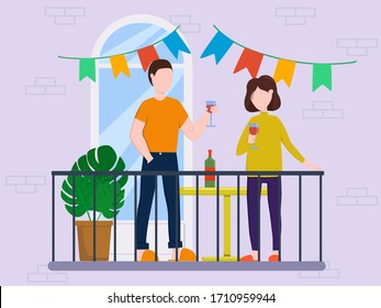 Flat vector illustration: man and woman are standing on the balcony. Relax on the balcony. Celebration on the balcony. Stay at home.