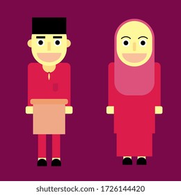 flat vector illustration of man and woman in traditional malay costume during Raya Aidilfitri celebration