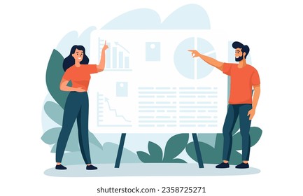 Flat vector illustration. A man and a woman are giving a presentation together, pointing their hands to a large banner. Vector illustration