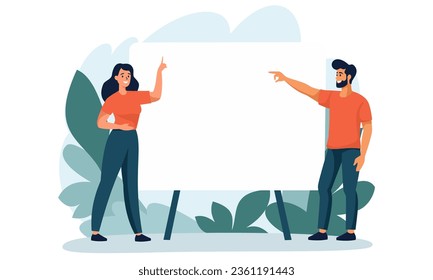 Flat vector illustration. A man and a woman are giving a presentation together, pointing their hands to a large banner. The banner has space for your text 