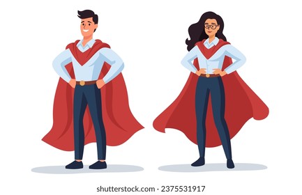 Flat vector illustration. Man and woman in office clothes with superhero cape