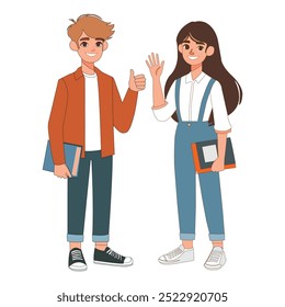 Flat vector illustration of a man and woman holding a book.