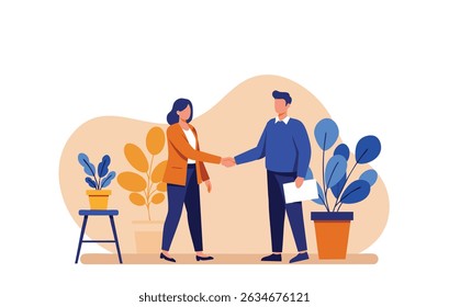 Flat vector illustration of a man and woman shaking hands in a business setting. Represents partnership, agreement, teamwork, negotiation, and professional collaboration. Ideal for use in presentation
