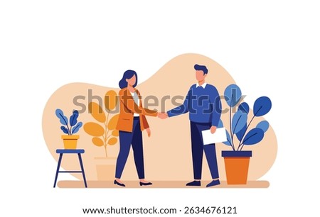 Flat vector illustration of a man and woman shaking hands in a business setting. Represents partnership, agreement, teamwork, negotiation, and professional collaboration. Ideal for use in presentation