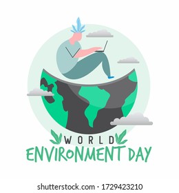 Flat vector illustration, man working on preparing Earth day, saving planet, saving energy, Earth day concept