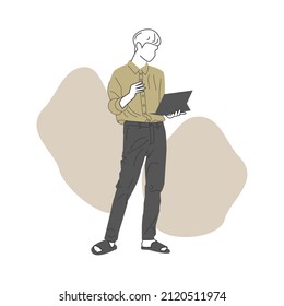 flat vector illustration of a man working with a notebook in hand. can be printed, very suitable for use as complementary illustrations and wall decorations.