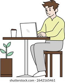 Flat vector illustration of a man working on a laptop in a coffee shop with a cup of coffee on the table. 