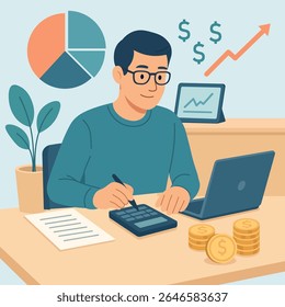 Flat vector illustration of man working with calculator and laptop at desk. Financial analysis, accounting, money management, budget planning.