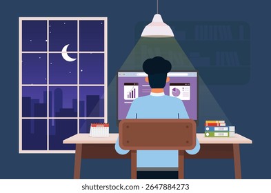 Ilustração vetorial plana de um homem trabalhando em um computador à noite. Luar pela janela. Escritório com livros e luminária.