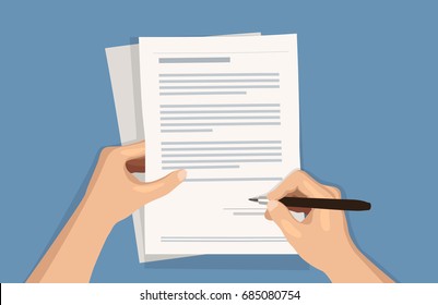 Flat vector illustration of man writing signature on contract document on blue background