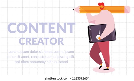 Flat vector illustration of a man with a yellow pencil and a smartphone with a Content Creator wording on grid line background. Content creator Illustration Concept.