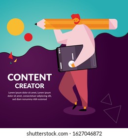 Flat vector illustration of a man with a yellow pencil and a smartphone with a Content Creator wording. Content creator Illustration Concept.