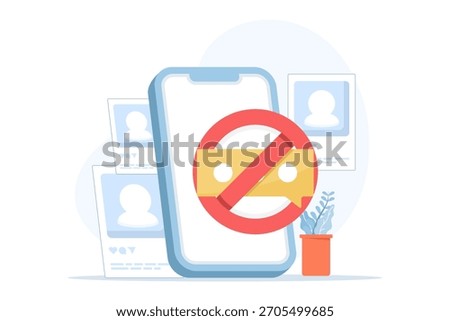 Flat vector illustration of managing online comments. A woman disabled comment features on her post to control conversations, avoid spam, and prevent harassment for safer digital interactions.