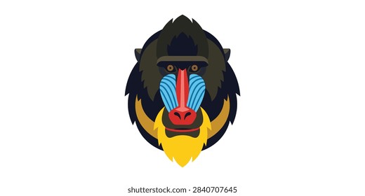 A flat vector illustration of a mandrill head featuring vibrant blue and red facial markings on a clean white background.