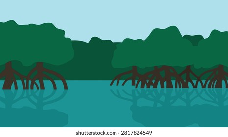 Flat vector illustration of mangrove trees along water with mangrove, ecosystem