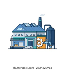 A flat vector illustration of a manufacturing plant featuring a large gear mechanism and a chemical storage tank