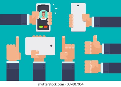 Flat vector illustration of many hands pointing, holding smartphones and tablets and giving a thumbs up. Infographic collection.