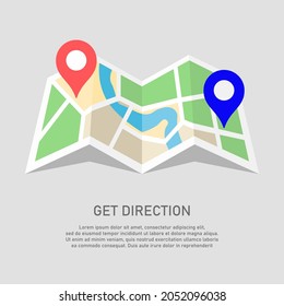 Flat vector illustration of map with locator pin. Suitable for design element of GPS and route direction. Travel information app.