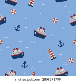 Flat vector illustration of a marine seamless pattern featuring cartoon ships, lighthouses, and anchors on a blue background. Ideal for children's textile and wallpaper.