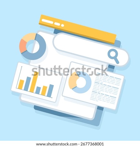 Flat vector illustration of marketing research and financial analysis concept. Business workflow with bar graphs, statistical data, and internet browser visualization for informed decision-making.