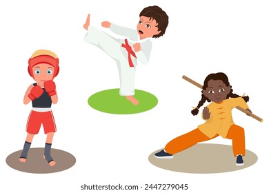 Flat Vector Illustration of Martial Arts Kids, Training Children Wearing Kimono