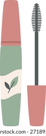 Uma ilustração vetorial plana de um tubo de rímel e varinha com um logotipo de folha. Este ícone de maquiagem mínima é perfeito para a beleza orgânica, skincare marketing e design cosmético.
